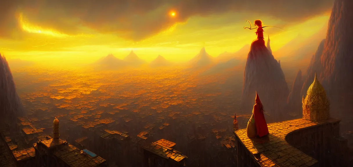 Prompt: post - minimalism portrait of a magical city bird's eye view, golden clouds, elvish wizards doing spells, vibrant color scheme, highly detailed, in the style of romanticism, cinematic, artstation, moebius, greg rutkowski