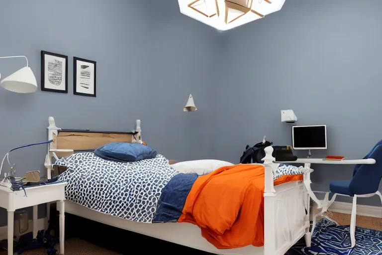 Image similar to a 10 by 11 foot room with white with a criss cross pattern in blue grey walls, white ceiling with wires running across them and fire alarm, the trim on the ceiling is orange wood, navy blue carpet, a small bed, desk, two wooden wardrobes, a little side table in a light wood veneer, a window, desk fan, table light, and an old TV, and a ceiling fan gives off a dim orange light
