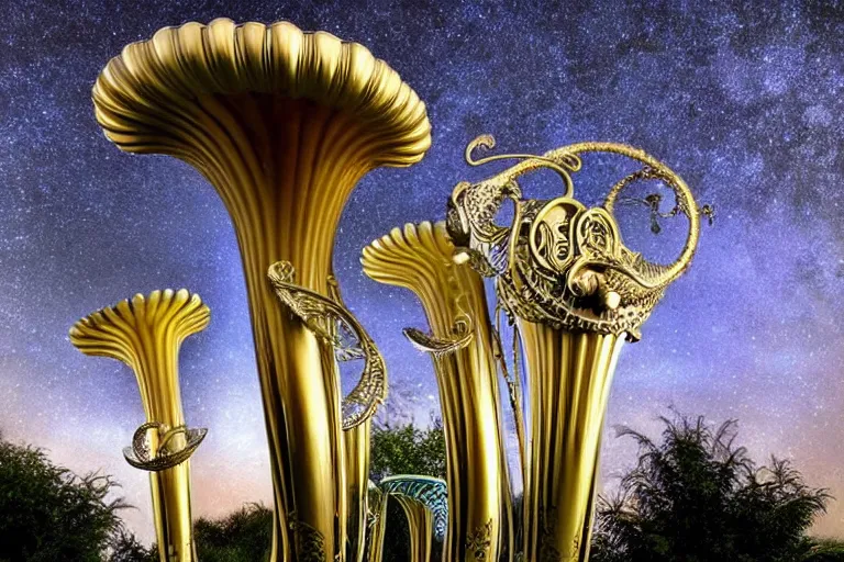 Image similar to a flock of intricate elegant tuba cloud sculptures, art nouveau garden environment, soothing, milky way, award winning art, epic dreamlike fantasy landscape, ultra realistic,