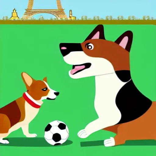 Image similar to illustration of french boy in paris playing football against a corgi, the dog is wearing a polka dot scarf