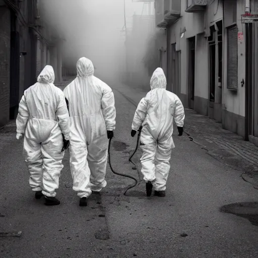 Image similar to a family wearing a hazmat suits on a post-war era street, walking away from the camera, dark smoke in the background, filthy streets, broken cars. Vines growing. Jpeg artifacts. Award-winning photo. Full-color photo. Samyang/Rokinon Xeen 50mm T1.5