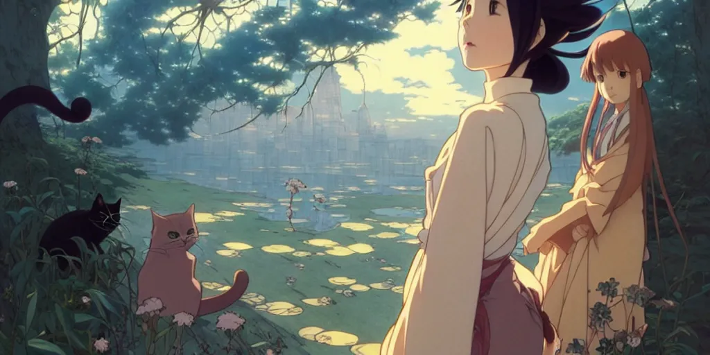 Image similar to the girl and the cat. anime visual, early in the morning. by hayao miyazaki and rossdraws and artgerm and greg rutkowski and alphonse mucha. anime production by studio ghibli. high quality, stunning, intricate detailed environment. 8 k