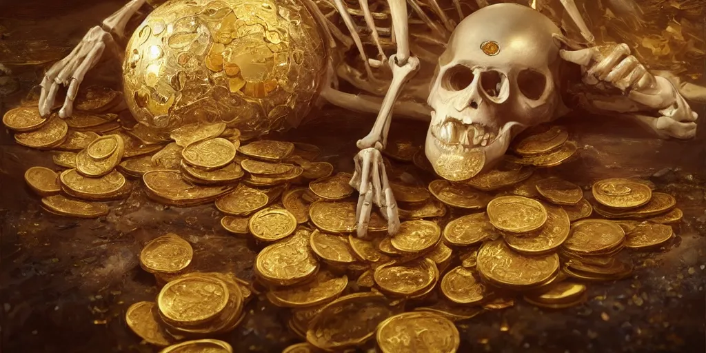 Image similar to concept art of a skeleton laying in the middle of golden coins and precious jewels, pearl, rubi, diamonds, painting by wlop, nixeu and greg rutkowski, beautiful, semirealism, artstation, octane render, oil painting, sharpness, 8 k, golden ratio