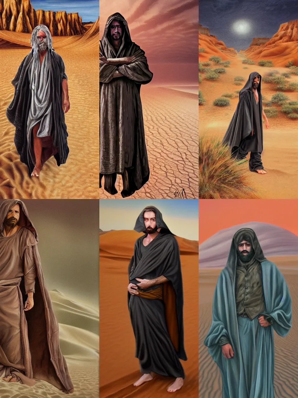 Prompt: highly detailed realistic painting of grim disheveled robed artist sorcerer in desert surroundings