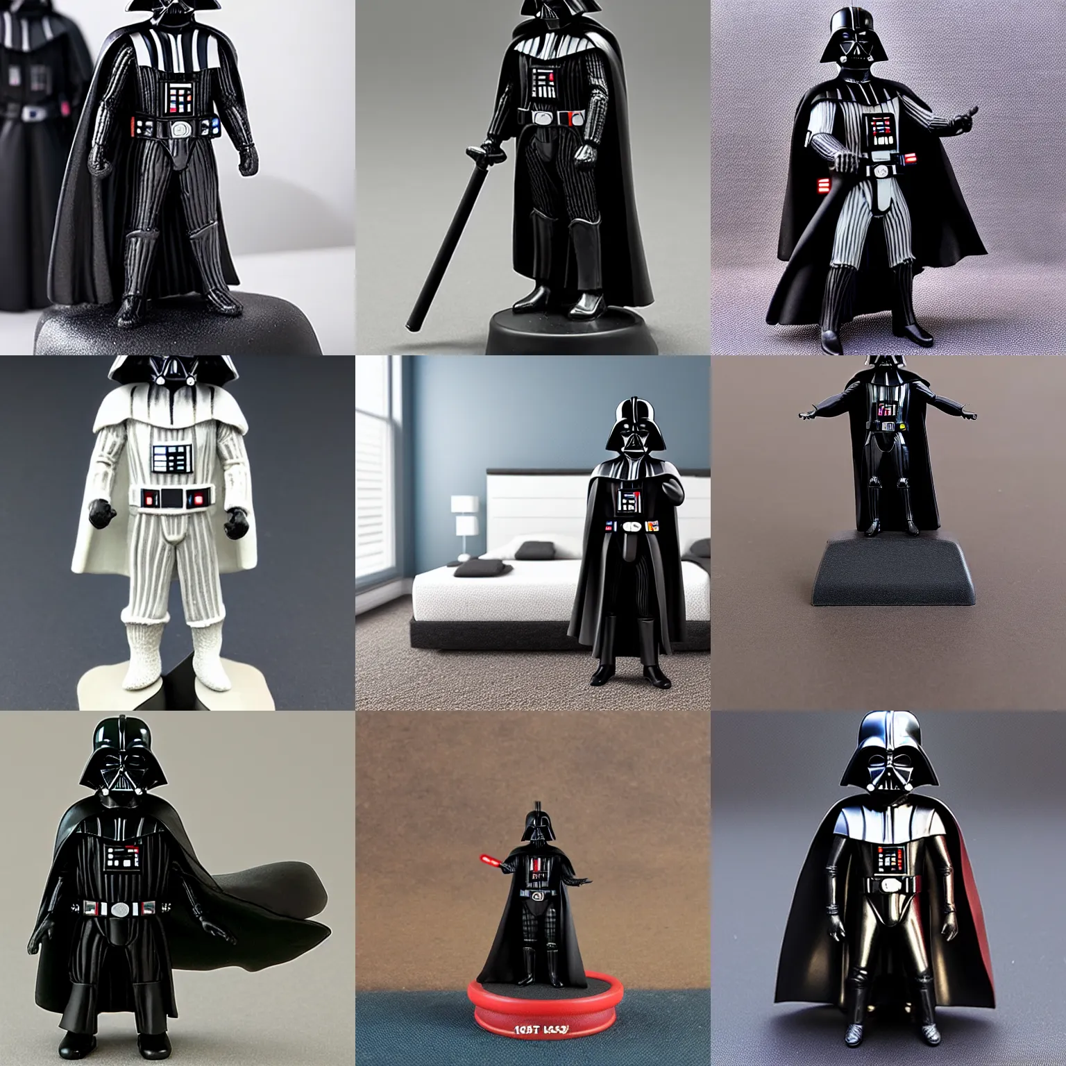 Prompt: Miniature figure of Darth Vader standing on a bed