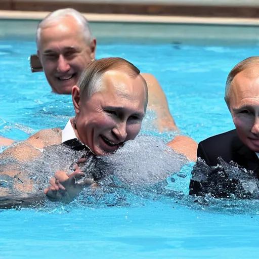 Image similar to putin, trump, obama and bush are swimming while having a water fight and smiling