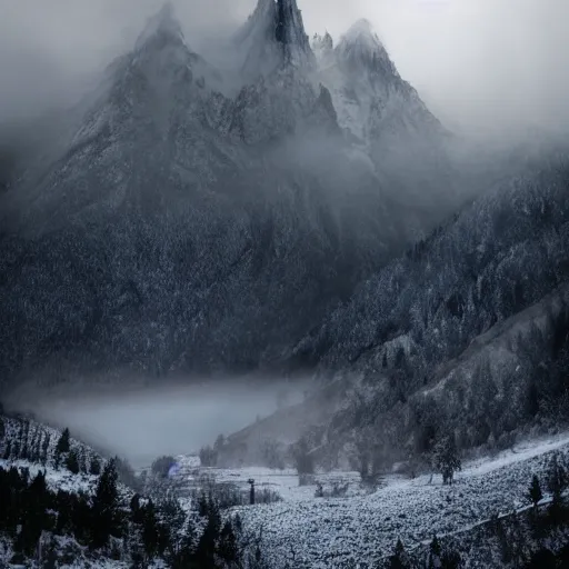 Prompt: a giant monster taller than the surrounding snow capped mountains emerging from the mist, award winning photography