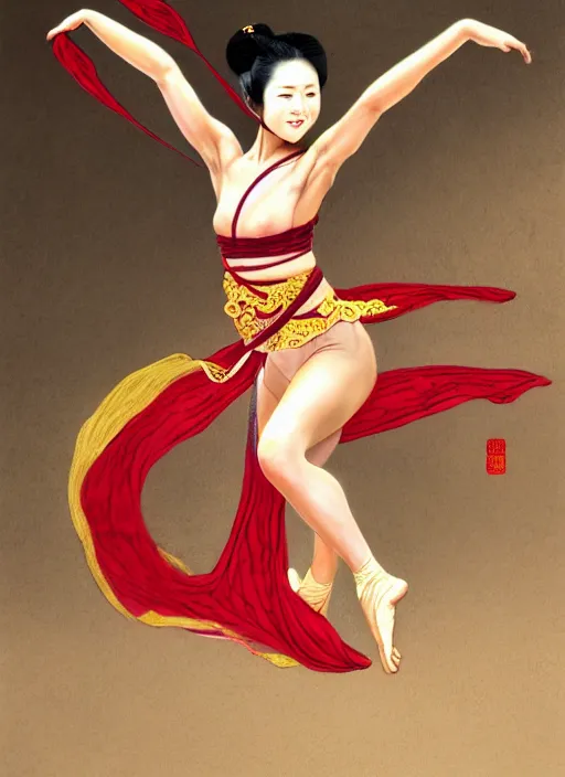 Image similar to full body portrait of a dancer throwing silk belts, feet, barefoot, full body, tanned, vivacious, athletic, hanfu, chinese ribbon dance, wide ribbons, silk belt, wuxia, martial arts, ming dynasty, detailed, realistic face, anatomically accurate, fantasy illustration, deviantart, artstation, ghostblade, wlop.