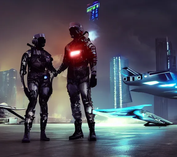 Image similar to fighter pilot stands beside futuristic sci fi fighter jet landed at runway of cyberpunk city, night photo ,dark cinematic lighting , digital concept art