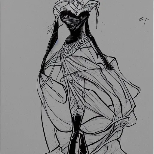 Prompt: elegant lady, lineart, Barry Kitson