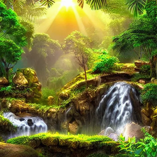 Image similar to beautiful jungle landscape with waterfalls, stones, rocks, plants, flowers, sun rays, warm, sunny, realistic digital art