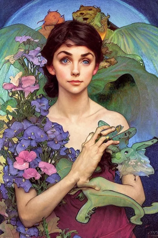 Image similar to :🧚🏽‍♀️🍄🐉:3, by Margaret Keane, greg rutkowski, thomas kindkade, alphonse mucha, loish, norman Rockwell,