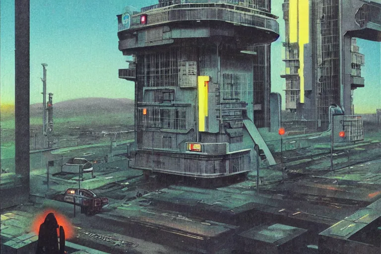 Image similar to 1 9 7 9 omni magazine cover of gate tower building off - ramp in fukushima. in cyberpunk style by vincent di fate