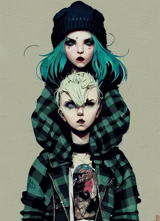 Image similar to highly detailed portrait of a sewer punk lady, tartan hoody, blonde ringlet hair by atey ghailan, by greg rutkowski, by greg tocchini, by james gilleard, by joe fenton, by kaethe butcher, gradient blue, black, blonde cream and white color scheme, grunge aesthetic!!! ( ( graffiti tag wall background ) )