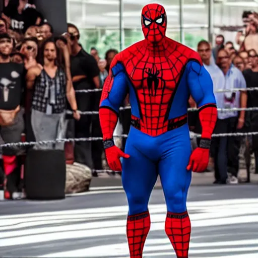 Image similar to dwayne johnson entering entrances of wwe as spiderman