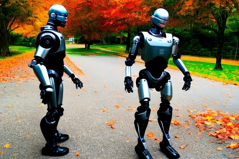 Image similar to real life robocop, ultra realistic!!!, autumn, clear weather, golden hour, sharp focus