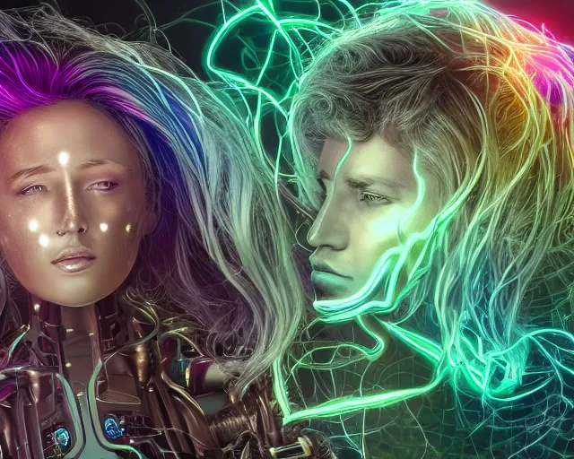 Image similar to glowing hair, complex cybernetic beings, beautiful hairy humanoids, cybermagnetosphere, cybernetic civilizations, ornate hair, love, joy, vortexes, large arrays, data holograms, 8 k, cinematic light shadows, wet hdr refractions, *, * * *, * * * * *