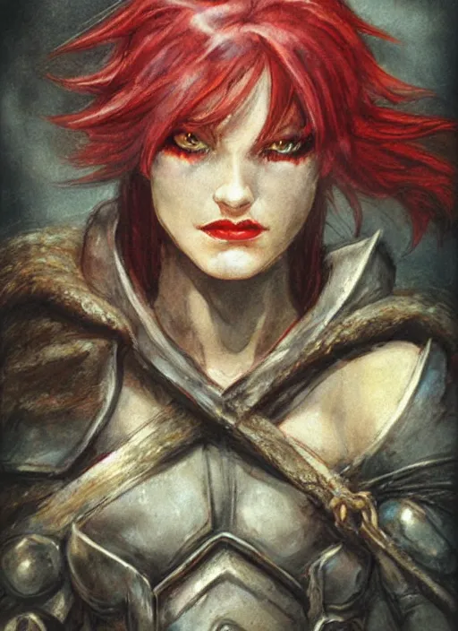 Image similar to portrait of strong female rogue, beautiful! coherent! dungeons and dragons character, by brian froud, strong line, night color, leather armor, short red hair, high contrast