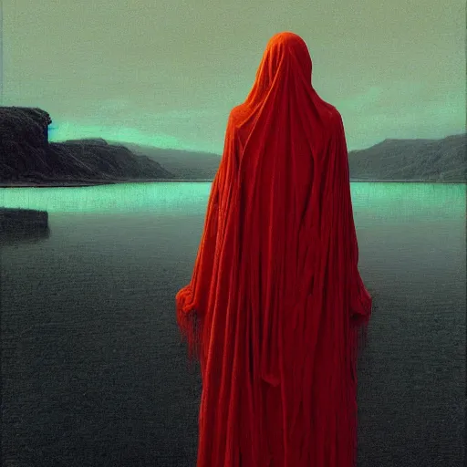 Image similar to portrait, shore of the lake, woman, wrapped around by veins, veiled, glowing red, by edgar maxence and ross tran, zdzisław beksinski, and michael whelan, distant, gustav dore, h. r. giger, 8 k, octane render