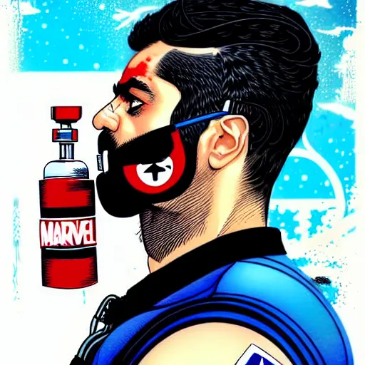 Image similar to a profile photo of a persian man with a diving oxygen mask with side profile blood in ocean intricate details by MARVEL comics and Sandra Chevrier-C