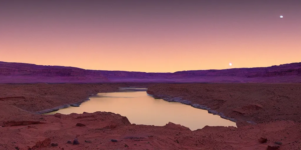 Image similar to a ground - level view of a river bend running through a canyon surrounded by desert mountains at sunset on mars, purple sky, two moons, planet mars, moab, utah, a tilt shift photo by frederic church, trending on unsplash, hudson river school, photo taken with provia, national geographic photo