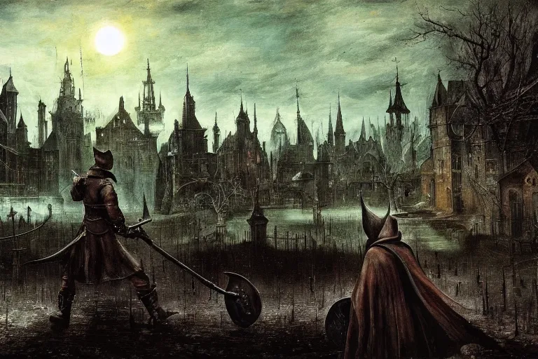 Image similar to bloodborne! landscape painted by hieronymus bosch