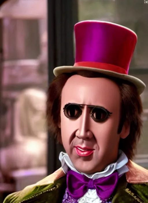 Prompt: Nicolas Cage as Willy Wonka
