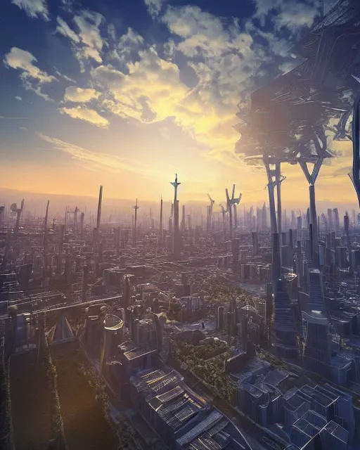 Image similar to photo of sunrise over a beautiful solarpunk city, many trees, dramatic lighting, romantic, sci-fi, futuristic, hyper realistic, architecture