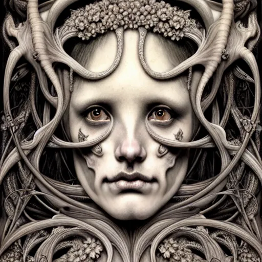 Image similar to detailed realistic porcelain beautiful calaveras death goddess face portrait by jean delville, gustave dore, iris van herpen and marco mazzoni, art forms of nature by ernst haeckel, art nouveau, symbolist, visionary, gothic, neo - gothic, pre - raphaelite, fractal lace, intricate alien botanical biodiversity, surreality, hyperdetailed ultrasharp octane render