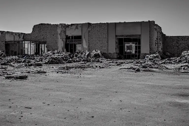 Prompt: ruins of a shopping mall in a desert, DSLR photography