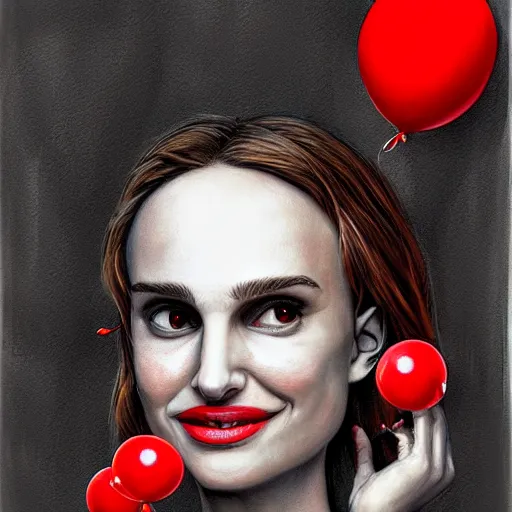 Image similar to surrealism grunge cartoon portrait sketch of natalie portman with a wide smile and a red balloon by - michael karcz, loony toons style, horror theme, detailed, elegant, intricate