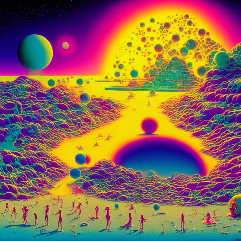 Image similar to many tiny people on the cosmic beach, infinite radiating waves, synthwave, bright neon colors, highly detailed, cinematic, tim white, michael whelan, vladimir kush, jim burns, bob eggleton, philippe druillet, kubrick, aubrey beardsley, roger dean, alfred kelsner, boris vallejo