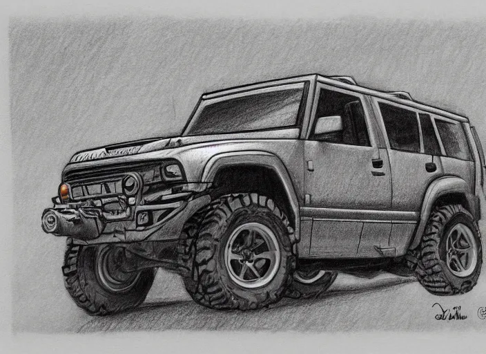 Image similar to concept non - coloring pencil drawing of a new car combined by two different genres for offroading.