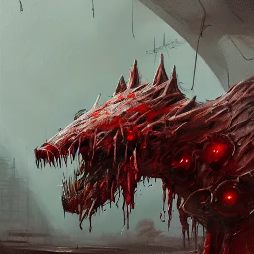 Image similar to concept art by greg rutkowski, dog - shaped monster made of twisted meat and reddish ooze, roaming the colony, looking rabid, in a claustrophobic, futuristic and brutalist environment, frightening and creepy atmosphere, scifi, highly detailed portrait, digital painting, artstation, concept art, smooth, sharp foccus ilustration, artstation hq