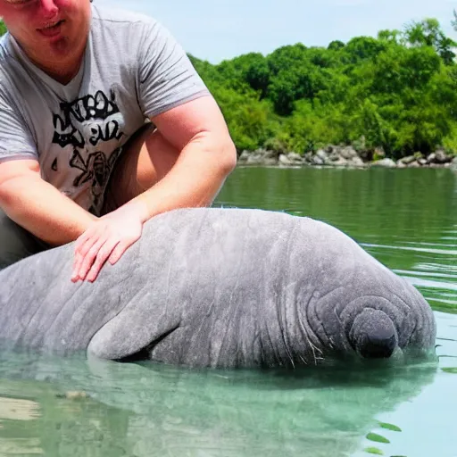 Prompt: fluffy pygmy manatee being hugged by a person, realistic, fantasy, pet, adorable, national geographic