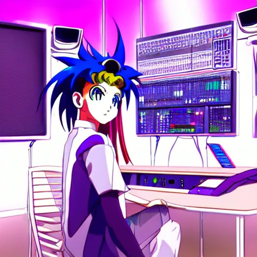 Image similar to An anime character working in their music studio. 90s anime, Sailor Moon, Neon Genesis, official art, flat cell shading, fantastic screenshot art, trending on artstation