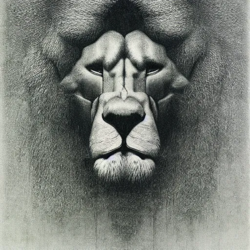 Prompt: god with with four faces : man, lion, eagle, bull. drawn by zdzislaw beksinski