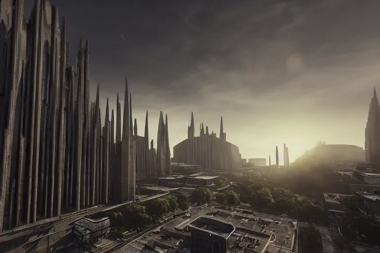 Image similar to extremely detailed cathedral of brutalist architecture, buildings covered with greebles, stunning volumetric light, sunset, metal, concrete and translucent material, stunning skies, majestic landscape, trending on Artstation, 8k, photorealistic, hyper detailed, unreal engine 5, IMAX quality, cinematic, epic lighting, in the style of Greg Rutkowski