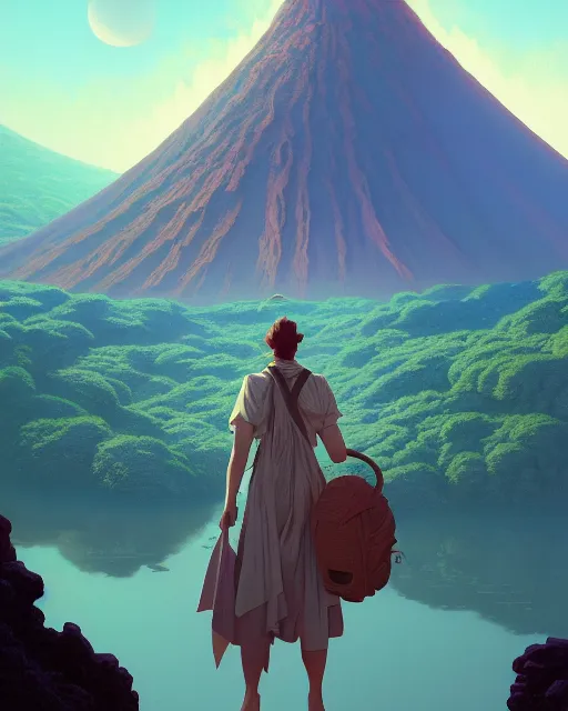 Image similar to highly detailed surreal vfx portrait of a sacred volcano, stephen bliss, unreal engine, greg rutkowski, loish, rhads, beeple, makoto shinkai and lois van baarle, ilya kuvshinov, rossdraws, tom bagshaw, alphonse mucha, global illumination, detailed and intricate environment