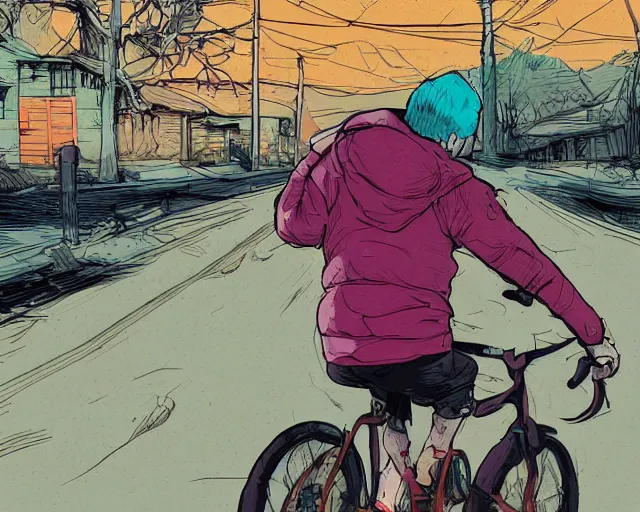 Prompt: a study of cell shaded cartoon of a uber eats delivery cyclist on a country road, side view, illustration, picture from behind, vibrant colors, post grunge, concept art by josan gonzales and wlop, by james jean, Victo ngai, David Rubín, Mike Mignola, Laurie Greasley, highly detailed, sharp focus, alien, Trending on Artstation, HQ, deviantart, art by artgem