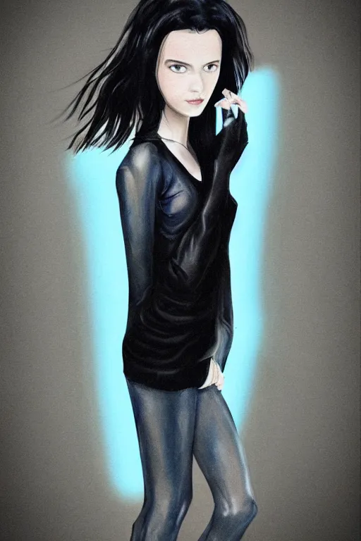 Image similar to portrait of teenage girl with glossy black hair, blue eyes, glowing porcelain skin, fashion model features, dar!dream portrait of teenage girl with glossy black hair, blue eyes, glowing porcelain skin, fashion model features, dark sweater, dark academia, intricate, elegant, black dress, highly detailed, digital painting, artstation, concept art, smooth, sharp focus, illustration, art by Krenz Cushart and Artem Demura and alphonse mucha