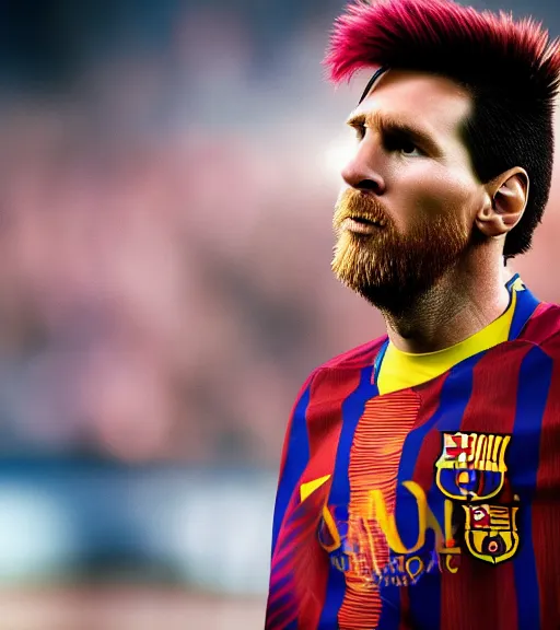 Image similar to award winning 5 5 mm close up portrait color photo of super saiyan lionel messi, in a stadium by luis royo. soft light. sony a 7 r iv