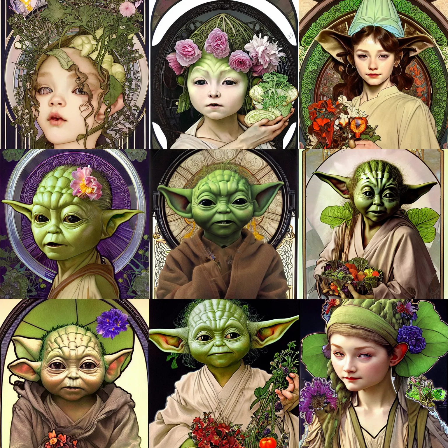 Prompt: realistic detailed face portrait of a beautiful young baby yoda wearing a chef hat with beautiful intricate vegetables and flowers by alphonse mucha, ayami kojima, amano, greg hildebrandt, and mark brooks, art nouveau, neo - gothic, gothic