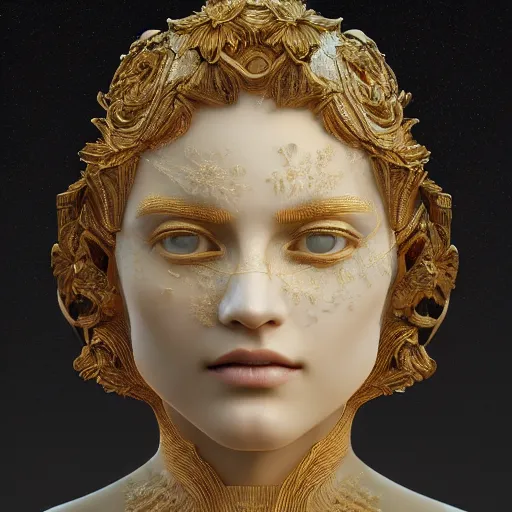 Image similar to Ultra detailed 3d render Macro of a marble statue, beautiful woman face, symmetrical composition, intricate thin details in gold, By James Jean and Tom Bagshaw and Victo Ngai and Craig Mullins, fantasy flowers and leaves, octane render, 8k, high quality, volumetric lighting, color grading
