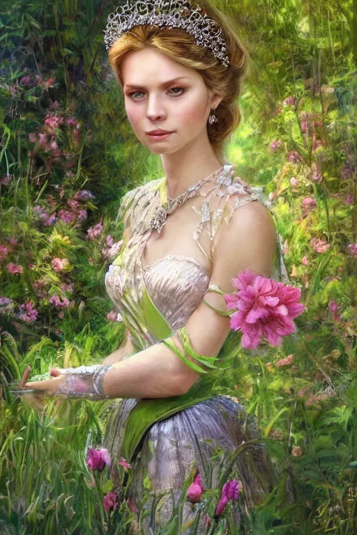 Image similar to portrait of a princess, painting by michael wellen, john stephens, in a verdant garden, tone mapping, trending on artstation