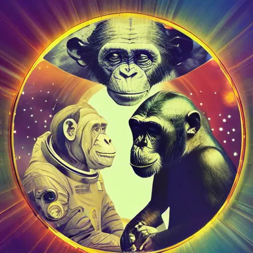 Image similar to double exposure portrait of astronaut and a chimpanzee astronaut with space and time in the the background by davinci, circles, psychedelic, pencil art, high definition, dynamic lighting stars, sharpness, golden ratio