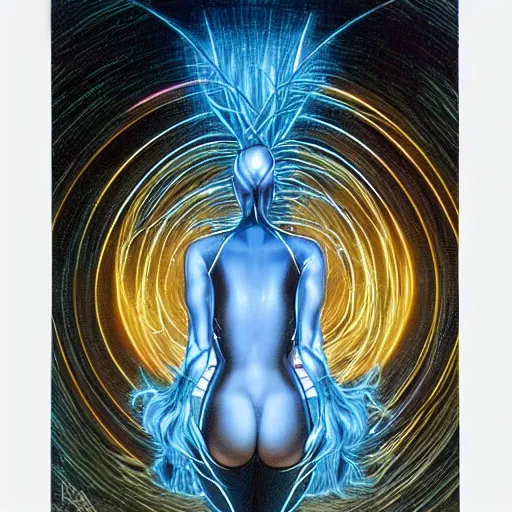 Prompt: infinity shot of a witch standing in front of a portal, surrealist painting by Hajime Sorayama