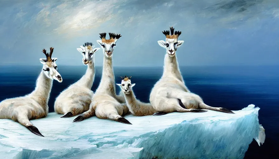 Image similar to highly detailed painting of cute furry white baby seal giraffes with big furry antlers cuddling into each other on a blue and white iceberg by william turner, by greg rutkowski, by william constable, thick brush strokes and visible paint layers, 4 k resolution