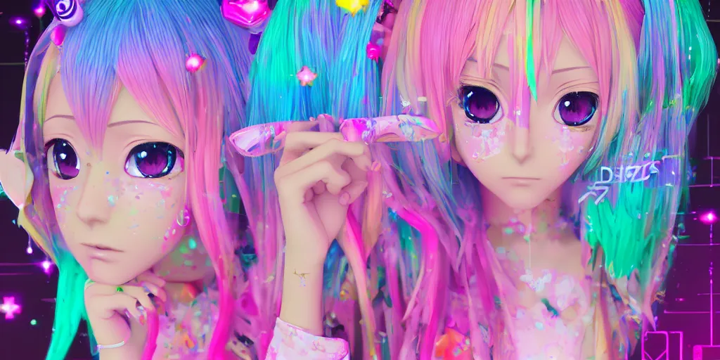 Image similar to 3 d anime decora gyaru kawaii fashion model, v tuber, darling in the frank, asuka, anime best girl, with glitch and scribble effects, psychedelic colors, 3 d render octane, by wlop, wenjr, beeple, artstation, imaginefx