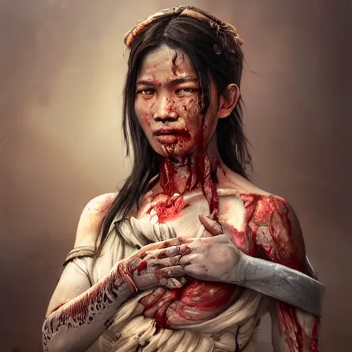 Image similar to portrait painting of a bloodied nepali female butcher, ultra realistic, concept art, intricate details, eerie, highly detailed, photorealistic, octane render, 8 k, unreal engine. art by artgerm and greg rutkowski and alphonse mucha